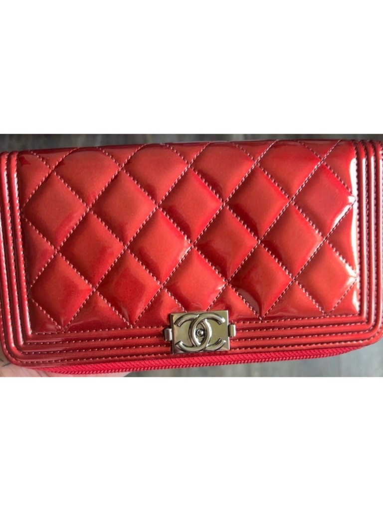 Chanel Red Patent Calfskin Zip Around Wallet-Authentic Silver Hw